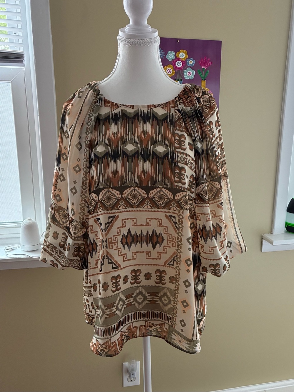 Calvin Klein Cream and Brown Geometric Print Women’s Blouse